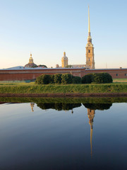 Reflection in the river of the Peter and Paul Fortress in St. Petersburg