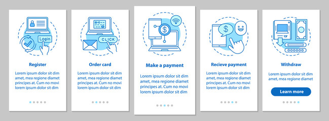 Online money transaction onboarding mobile app page screen with 