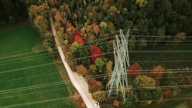 Overhead power line running through countryside