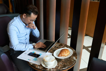Mature businessman working in cafe