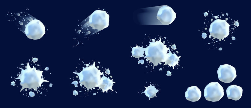 Snowball splats realistic 3d. Winter fun, playing with snow, children's games, throw a snowball. Isolated on background for banners, stickers, cards.