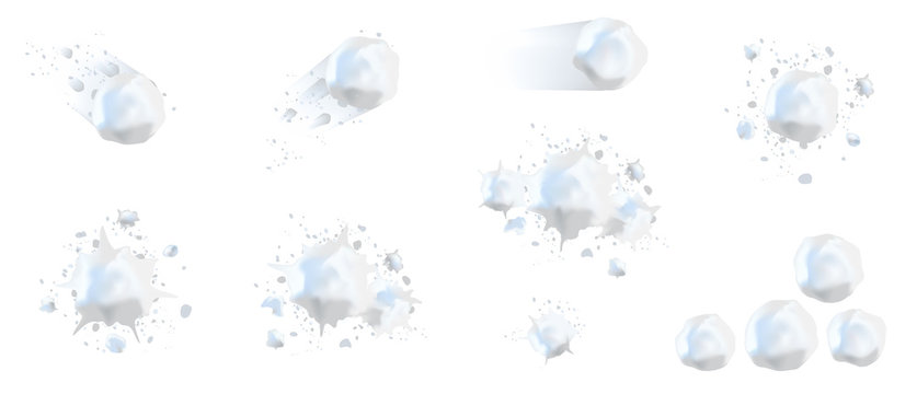 Snowball splats realistic 3d. Winter fun, playing with snow, children's games, throw a snowball. Isolated on white background for banners, stickers, cards.