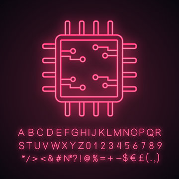 Processor with electronic circuits neon light icon