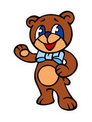 brown teddy bear waving with a blue ribbon on his neck mascot clipart