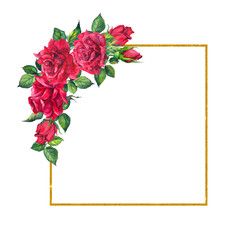 Red roses, square golden frame. Watercolor card with flowers and wreath