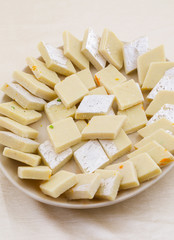 Indian Special Sweet Food Kaju Katli Also Called Kaju Barfi or Kesar Kaju Katli is an all Time Favorite Traditional Mithai