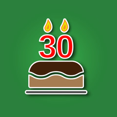 Birthday cake with a candle in the form of a number 30, in the form of a sticker with a shadow icon. Happy Birthday concept symbol design. Stock - Vector illustration can be used for web.