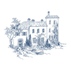 Rural landscape with old farmhouse and garden. Hand drawn illustration. Stone country Italian house with roof tiles and garden plants. Vector design