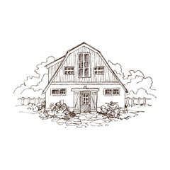 Rural landscape with old farmhouse and garden. Hand drawn illustration in vintage style. Large residential barn with a wooden fence. Vector design - 239815932