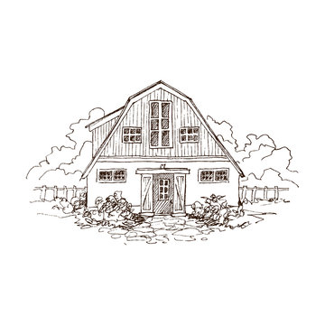 Rural landscape with old farmhouse and garden. Hand drawn illustration in vintage style. Large residential barn with a wooden fence. Vector design
