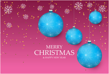 Christmas And New Year Typographical on Pink Xmas background with snowflakes, light, stars. Vector Illustration. Xmas card