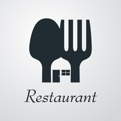 Logotipo Restaurant con cubiertos como vivienda en espacio negativo en fondo gris