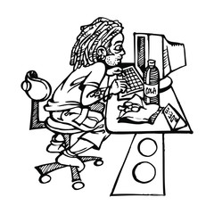 retro hecker with dreadlocks young boy with computer drink and chips