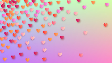 Love Background. Flyer Template. Many Random Falling Pink Hearts on Hologram Backdrop. Heart Confetti Pattern. Vector Love Background.