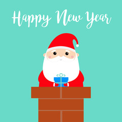 Happy New Year. Santa Claus in the roof chimney holding gift box. Red hat, costume, beard. Merry Christmas. Cute cartoon kawaii funny character. Blue background. Flat design.