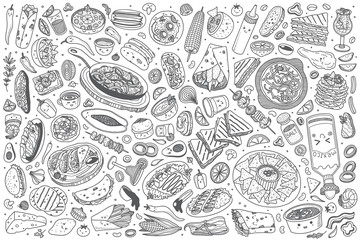 Hand drawn Mexican food set doodle vector background