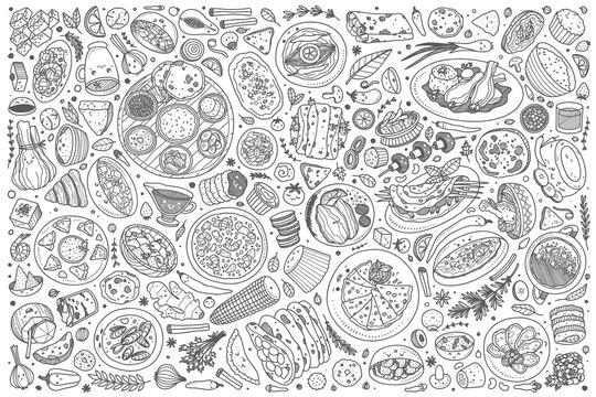 Hand drawn Indian food set doodle vector background