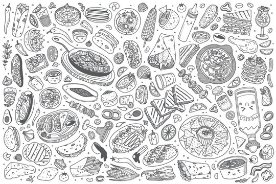 Hand Drawn Mexican Food Set Doodle Vector Background