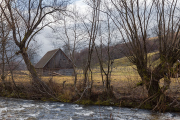rural landscape Romania, morning cloudy weather in the mountains