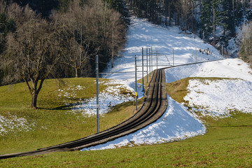 Rigibahn cog-wheel railway near station Kraebel (Kräbel), Goldau, Switzerland