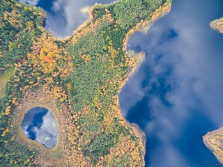 Aerial view of beautiful landscape of Mazury region during autumn season, Kacze Lake, Poland