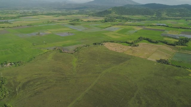 Mountain valley with farmland, rice field near mount Iriga. Aerial view mount with green tropical rainforest, trees, jungle with sky. Philippines, Luzon. Tropical landscape