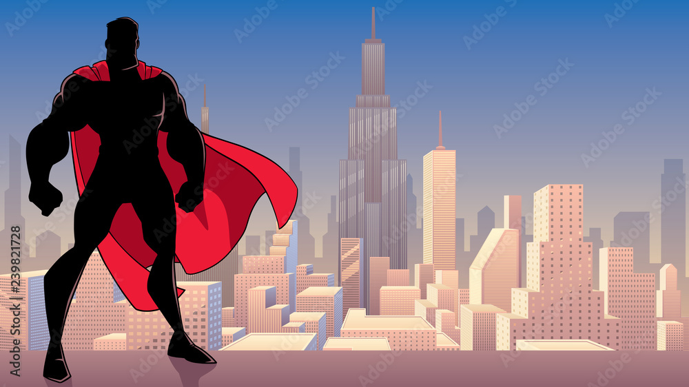 Wall mural silhouette of superhero standing tall on city background with copy space.