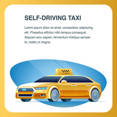 Self Driving Taxi Vehicle. Square Vector Banner.
