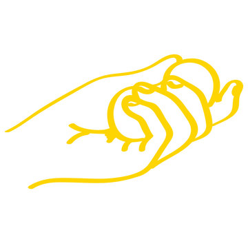 Handgezeichnete Hand hält  Kugeln in gelb