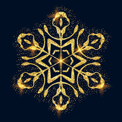 Gold snowflakes with glitter on transparent background. New year and Christmas design elements, vector illustration.