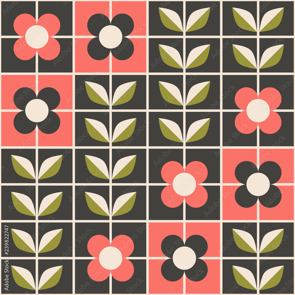 Poster seamless retro pattern with flowers in mosaic style