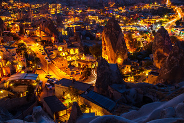 Illuminated at night streets of Goreme, Turkey, Cappadocia.