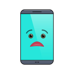 Miffed mobile phone isolated emoticon icon. Sorrowful digital device emoji symbol. Social communication and chatting. Sad smartphone showing facial emotion. Animated cell phone vector illustration - obrazy, fototapety, plakaty