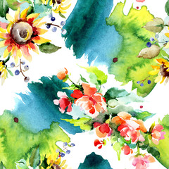 Fototapeta na wymiar Bouquet watercolor background illustration set. Watercolour seamless background pattern. Fabric wallpaper print texture.