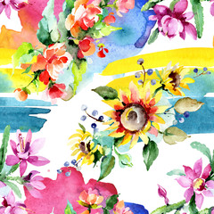 Fototapeta na wymiar Bouquet watercolor background illustration set. Watercolour seamless background pattern. Fabric wallpaper print texture.