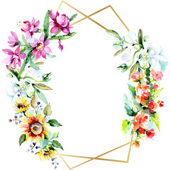 Bouquet watercolor background illustration set. Watercolour isolated. Floral flower. Frame border ornament square.