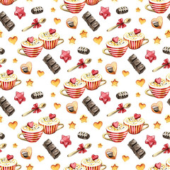 Sweet cups, chocolate and heart seamless pattern. Valentine coffee pattern. lovely cup texture. watercolor texture with cup and heart. coffee background. love fabric