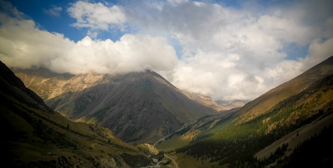 Panoramic view to Barskoon pass, river and gorge and Sarymoynak pass, Jeti-Oguz, Kyrgyzstan