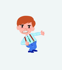 Businessman in casual style shows very angry something to his left.