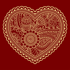 Stylized for mehndi flower colored pattern in form of heart. Decoration in ethnic oriental, Indian style. Valentine's day greetings.