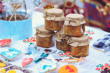 Banks with jam for the holiday Maslenitsa in Belarus