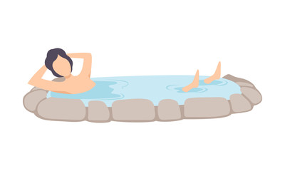 Man enjoying outdoor thermal spring, guy relaxing in hot water in bath tub vector Illustration on a white background
