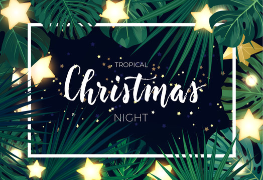 Tropical Christmas on the beach design with monstera palm leaves gold glowing stars and light bulb garlands, vector illustration.