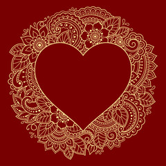 Stylized for mehndi flower colored pattern in form of heart. Decoration in ethnic oriental, Indian style. Valentine's day greetings.