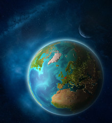 Belgium from space on planet Earth in space with Moon and Milky Way. Extremely fine detail of planet surface.