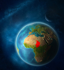 Chad from space on planet Earth in space with Moon and Milky Way. Extremely fine detail of planet surface.