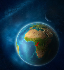 Congo from space on planet Earth in space with Moon and Milky Way. Extremely fine detail of planet surface.