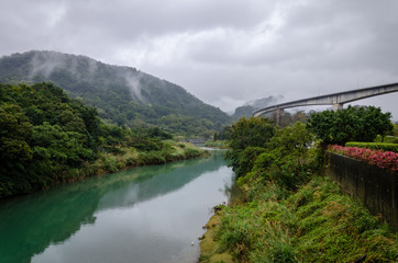 Fototapeta na wymiar mountains and river and bridge