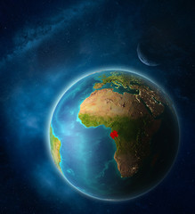 Gabon from space on planet Earth in space with Moon and Milky Way. Extremely fine detail of planet surface.