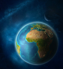 Equatorial Guinea from space on planet Earth in space with Moon and Milky Way. Extremely fine detail of planet surface.